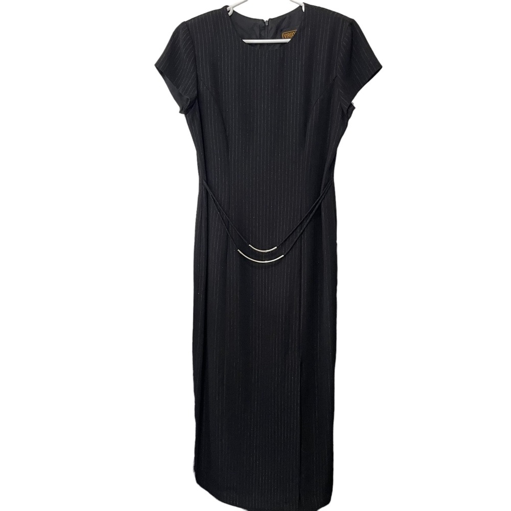 Virgo ll Maxi Dress Woman’s Sz 10 Black/ Silver Shimmer Stripes Attached Belt